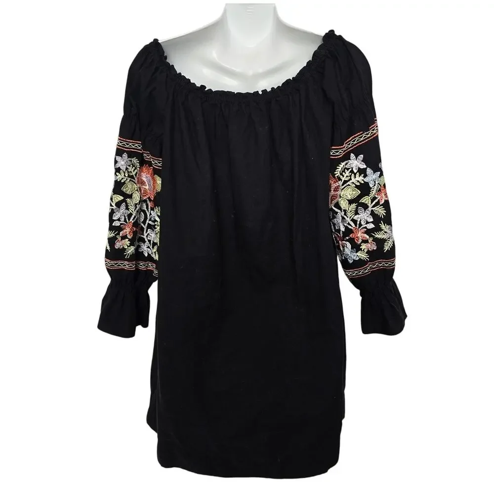 Free People Fleur Du Jour Enchanted Garden Mini Dress M Black Embroidered Floral